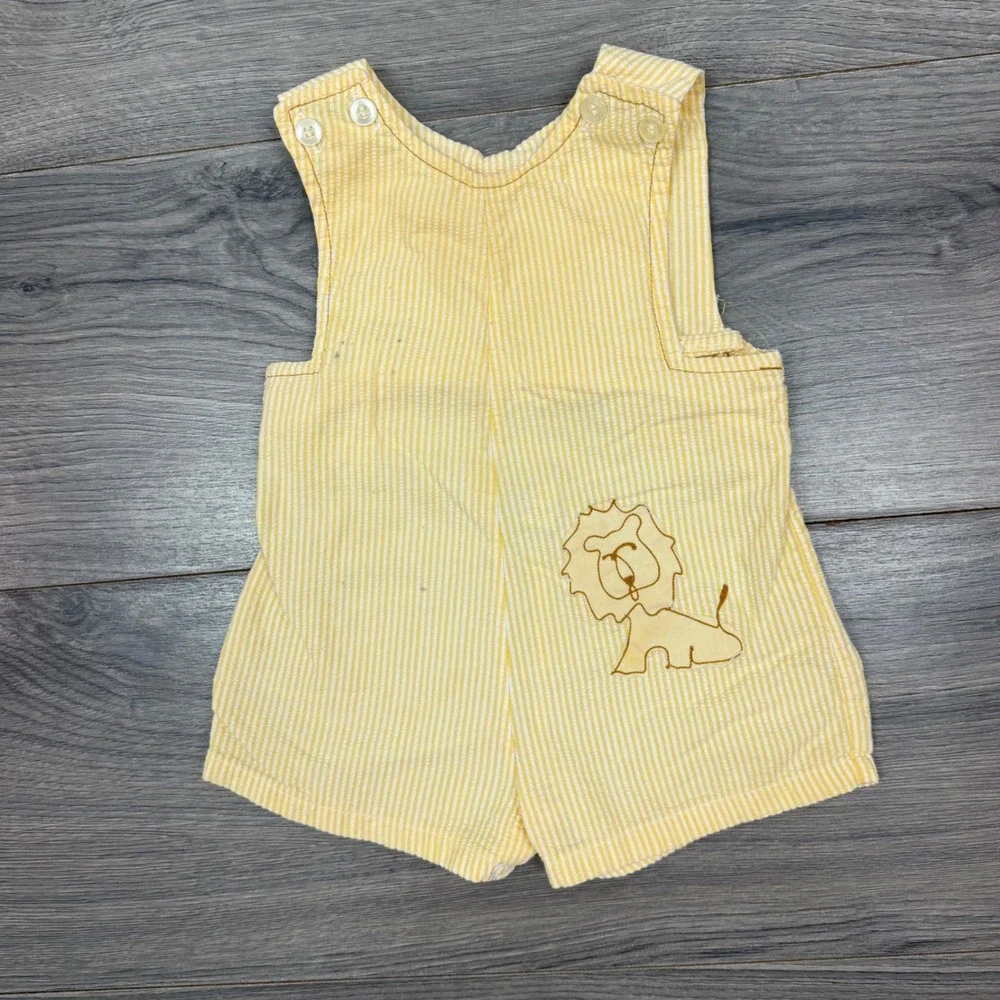 Vintage Wonderalls Seersucker Yellow Stripe Cotton Romper Lion Baby 3–6 Months